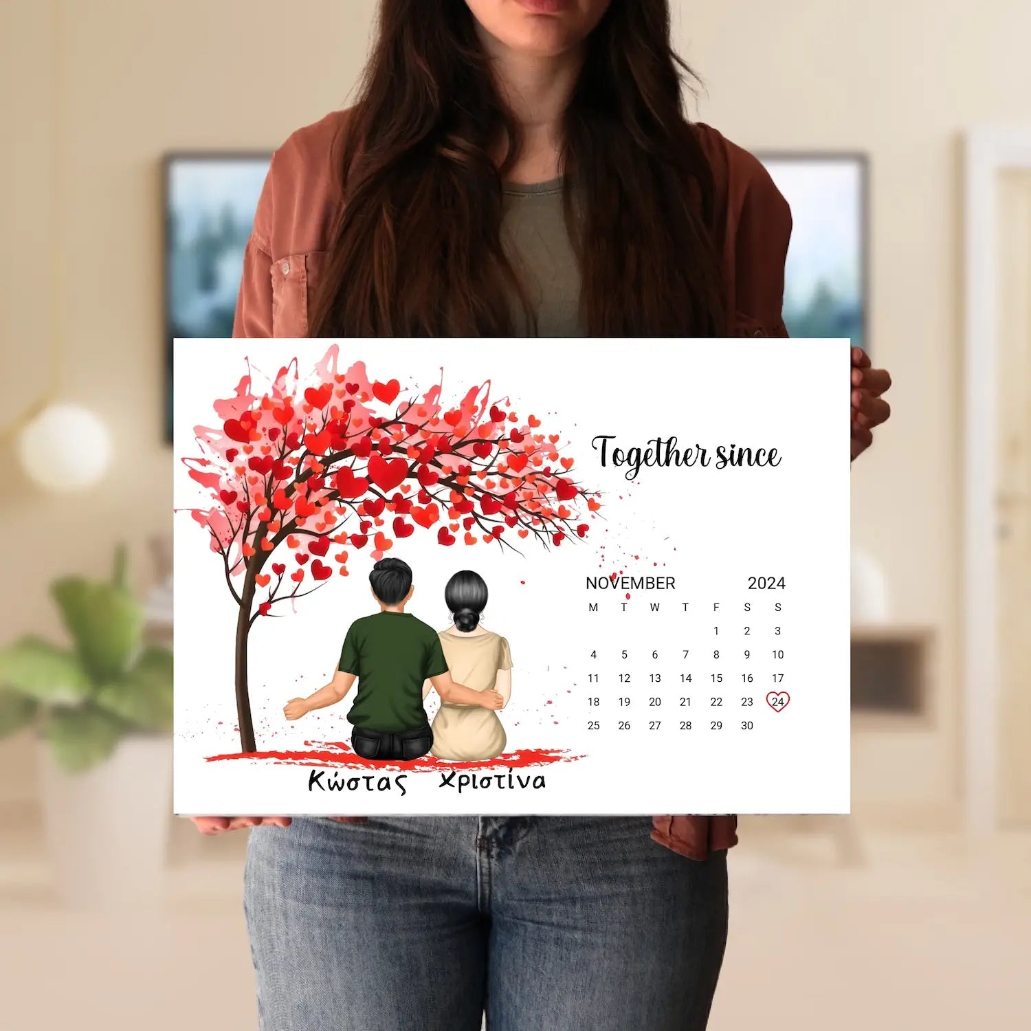 Καμβάς Heart Tree για ζευγάρια με ονόματα και χρονιά – δείγμα προσωποποίησης σε τελάρο 35×50 cm